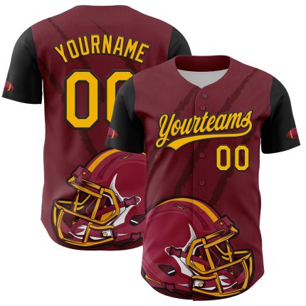 Custom Name Number Baseball Jersey and Football Helmet, 3D Pattern Design, Crimson Gold-Black Team Gear Personalized Crimson