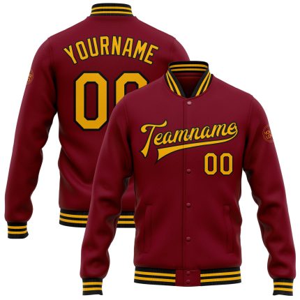 Personalized Varsity Letterman Jacket in Crimson Gold and Black - Full-Snap Bomber Style Personalized Crimson Gold-Black