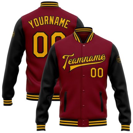 Personalized Two Tone Bomber Varsity Letterman Jacket in Crimson Gold-Black Personalized Crimson Gold-Black Bomber Full-Snap
