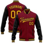 Custom Team Bomber Jacket with Name and Number - Crimson Gold-Black Two Tone Varsity Full-Snap Letterman Personalized Crimson