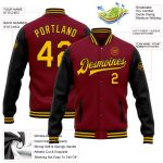 Personalized Two Tone Bomber Varsity Letterman Jacket in Crimson Gold-Black Personalized Crimson Gold-Black Bomber Full-Snap
