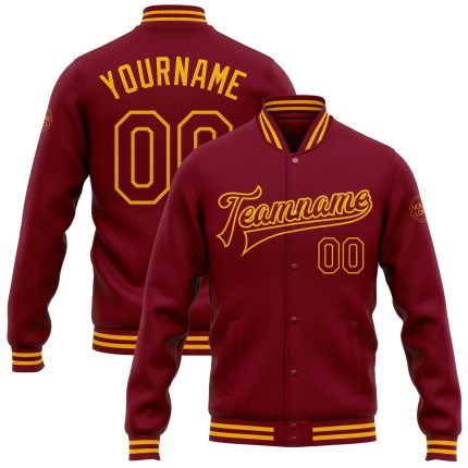 Personalized Varsity Letterman Jacket in Crimson Gold - Full-Snap Bomber Style Personalized Crimson Gold Bomber Full-Snap