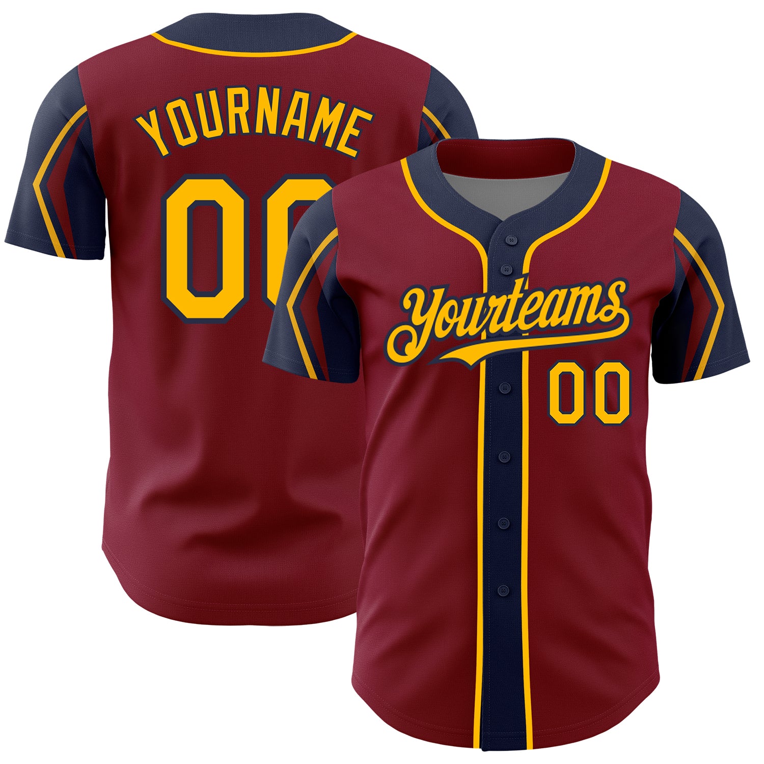 Personalized Custom Name Number Baseball Jersey - Crimson Gold Navy 3 Colors Arm Shapes Authentic Team Jersey Personalized