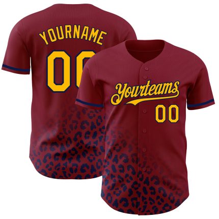 Custom Leopard Print Baseball Jersey with 3D Crimson Gold-Navy Pattern and Personalized Name & Number Personalized Crimson