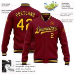 Custom Name and Number Crimson Gold Navy Varsity Letterman Bomber Jacket Personalized Crimson Gold-Navy Bomber Full-Snap