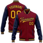 Custom Crimson Gold Navy Bomber Varsity Letterman Jacket Full-Snap Two Tone Personalized Crimson Gold-Navy Bomber Full-Snap