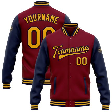 Custom Crimson Gold Navy Bomber Varsity Letterman Jacket Full-Snap Two Tone Personalized Crimson Gold-Navy Bomber Full-Snap