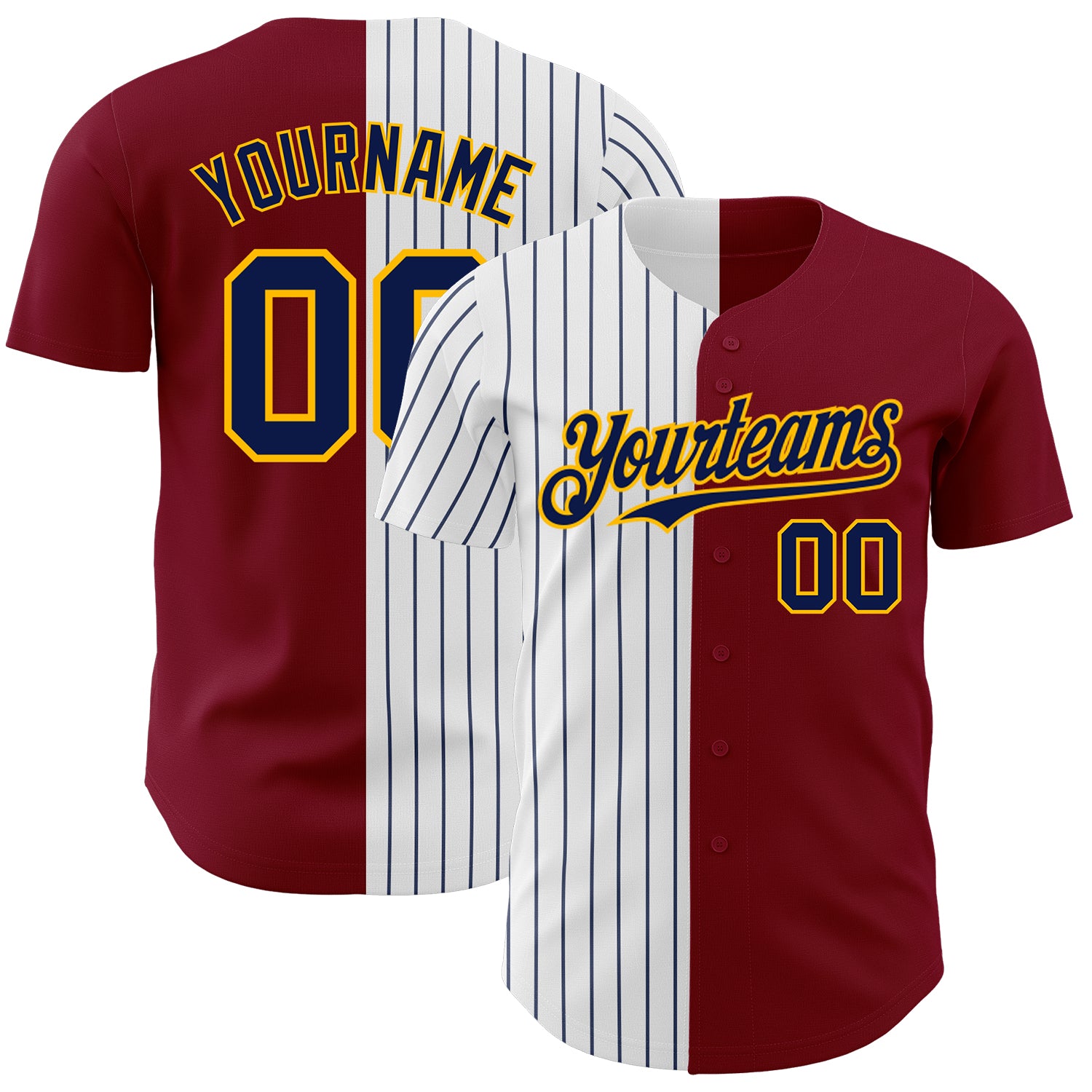 Personalized Crimson Gold-Navy Baseball Jersey with Pinstripes - Fashion Split Design Personalized Crimson Gold-Navy Pinstripe