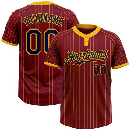 Custom Name and Number Unisex Softball Jersey - Personalized Crimson Gold Pinstripe Navy Two-Button Design Personalized Crimson