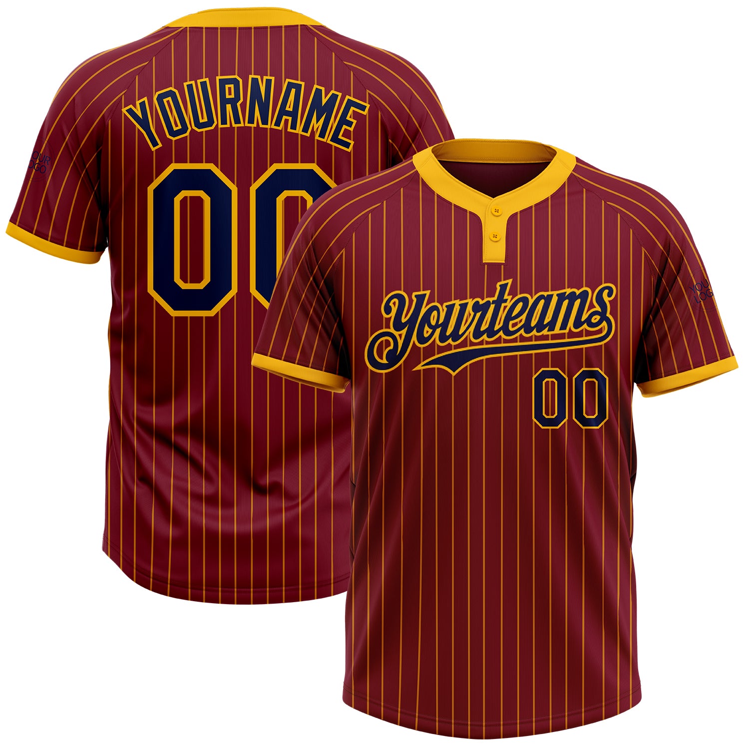 Custom Name and Number Unisex Softball Jersey - Personalized Crimson Gold Pinstripe Navy Two-Button Design Personalized Crimson