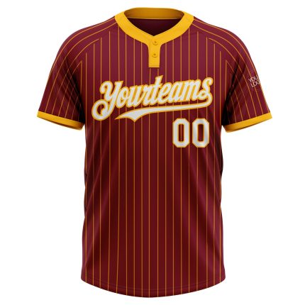Personalized Unisex Softball Jersey - Crimson Gold Pinstripe White Two-Button Design Personalized Crimson Gold Pinstripe