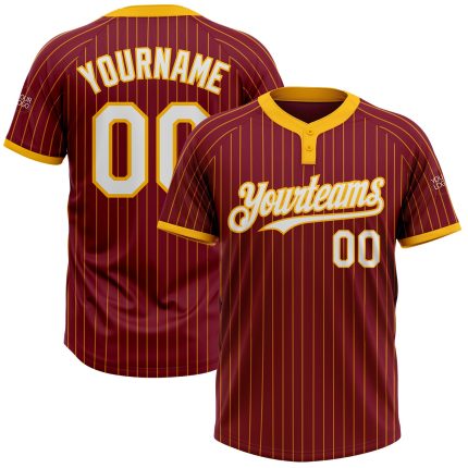 Personalized Unisex Softball Jersey - Crimson Gold Pinstripe White Two-Button Design Personalized Crimson Gold Pinstripe