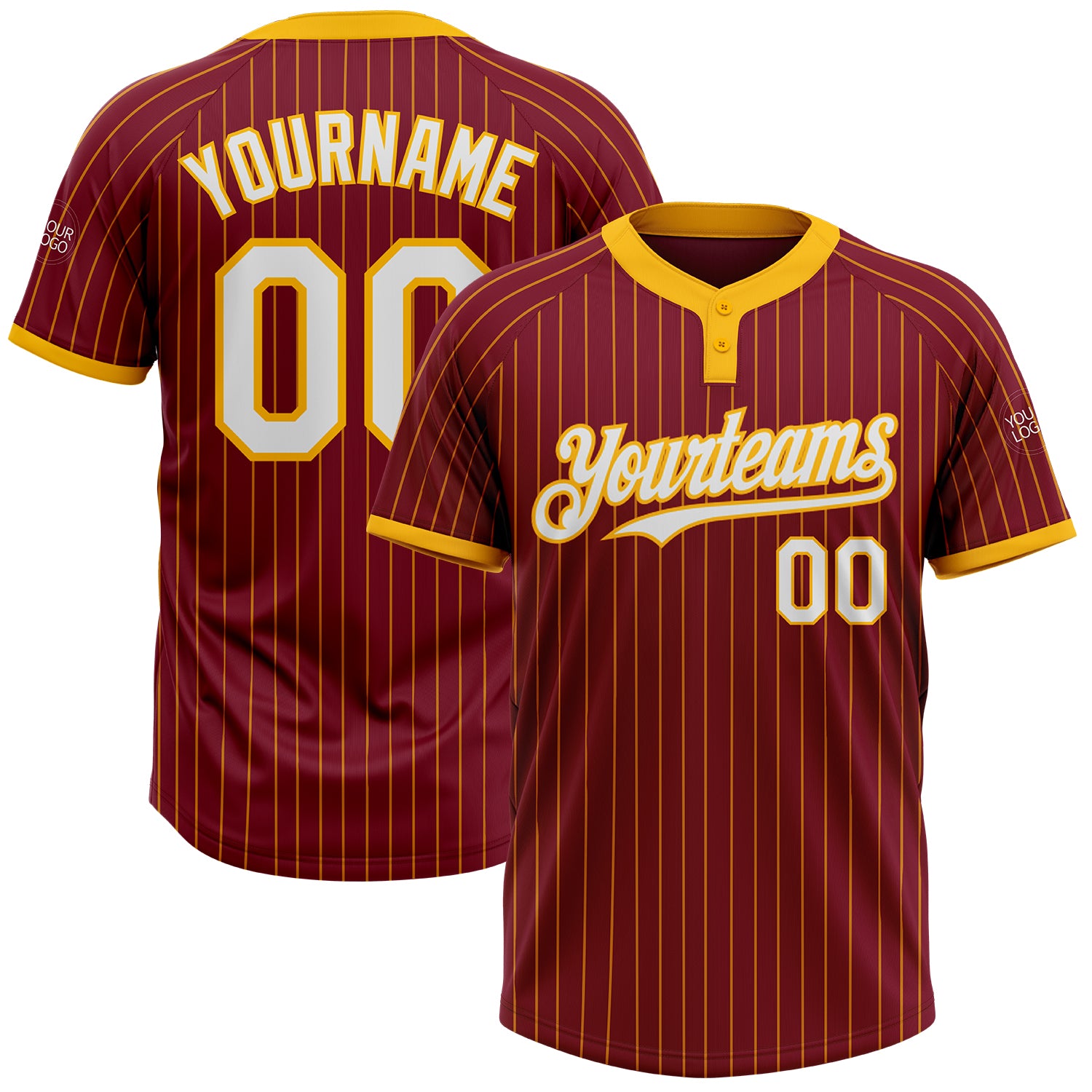 Custom Name and Number Unisex Softball Jersey - Personalized Crimson Gold Pinstripe Two-Button Design Personalized Crimson