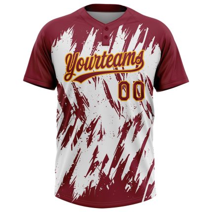 Personalized Unisex Softball Jersey - Crimson Gold-White 3D Abstract Sharp Shape, Two-Button Design Personalized Crimson