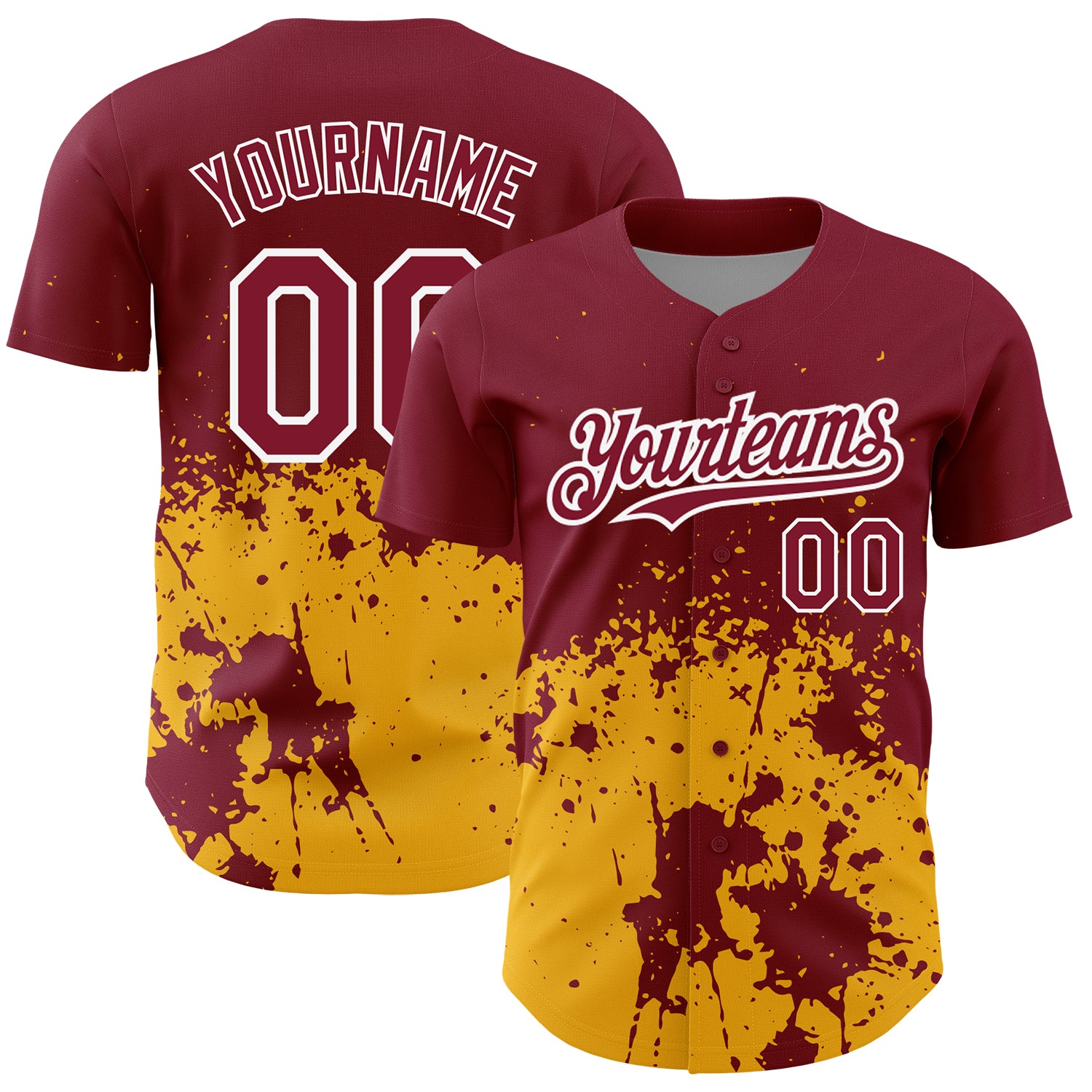 Custom Name and Number Baseball Jersey - 3D Crimson Gold-White Abstract Splash Grunge Art Design Personalized Crimson Gold-White