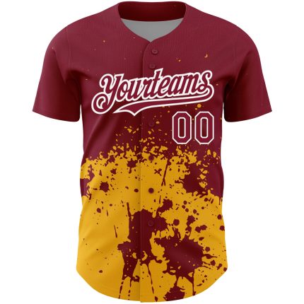 Custom Name and Number Baseball Jersey - 3D Crimson Gold-White Abstract Splash Grunge Art Design Personalized Crimson Gold-White