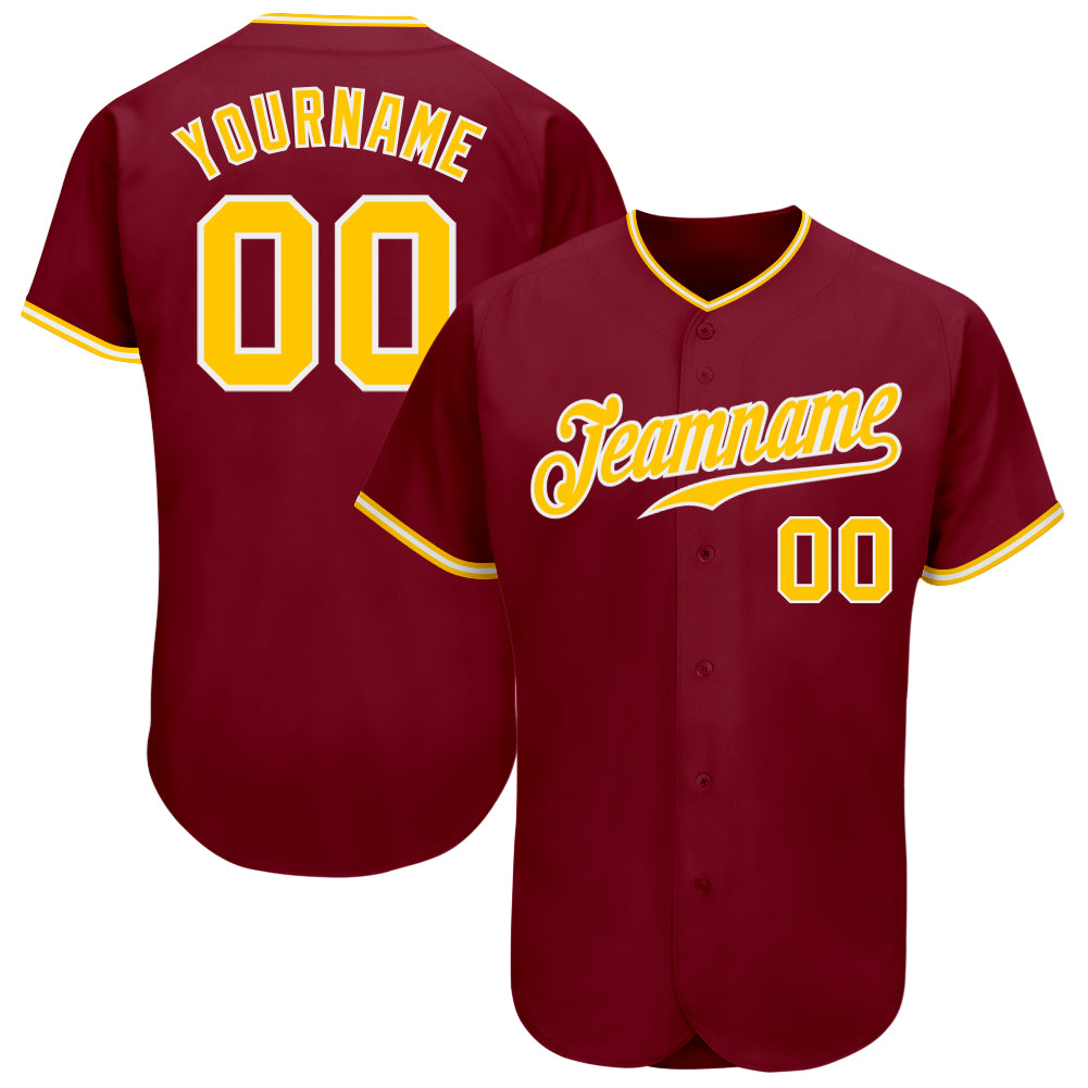 Custom Personalized Baseball Jersey with Crimson Gold-White Design, Team Name and Number Personalized Crimson Gold-White