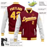 Custom Team Name and Number Crimson Gold-White Bomber Varsity Letterman Jacket Full-Snap Two Tone Personalized Crimson Gold-White