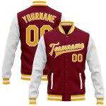 Custom Team Name and Number Crimson Gold-White Bomber Varsity Letterman Jacket Full-Snap Two Tone Personalized Crimson Gold-White