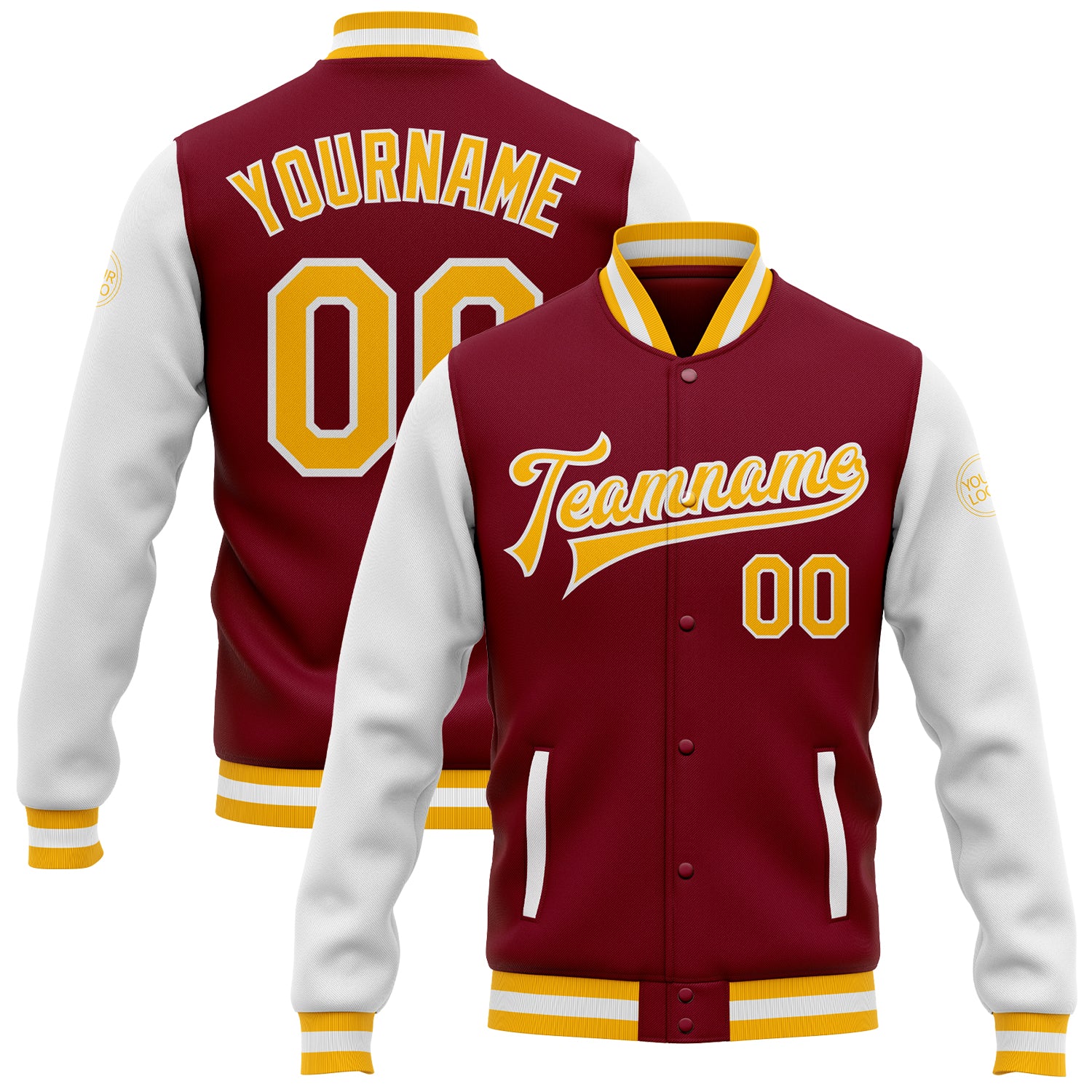 Custom Team Name and Number Crimson Gold-White Bomber Varsity Letterman Jacket Full-Snap Two Tone Personalized Crimson Gold-White
