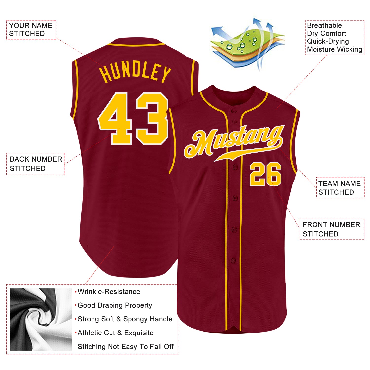 Personalized Baseball Jersey in Crimson Gold and White - Sleeveless Design Personalized Crimson Gold-White Sleeveless Baseball - Image 2