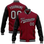 Personalized Crimson Gray-Black Two Tone Varsity Letterman Bomber Full-Snap Jacket Personalized Crimson Gray-Black Bomber