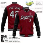 Custom Name and Number Two-Tone Bomber Jacket in Crimson Gray-Black Varsity Style Full-Snap Letterman Personalized Crimson