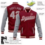 Personalized Two Tone Varsity Letterman Bomber Jacket - Crimson Gray Cream Full-Snap Personalized Crimson Gray-Cream Bomber