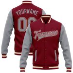 Personalized Two Tone Varsity Letterman Bomber Jacket - Crimson Gray Cream Full-Snap Personalized Crimson Gray-Cream Bomber