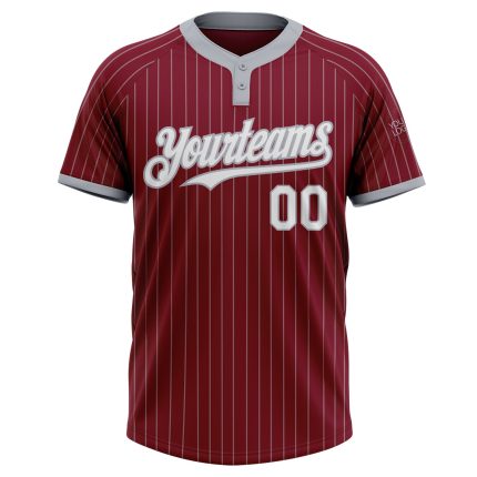 Personalized Unisex Softball Jersey in Crimson Gray Pinstripe - Two-Button Style Personalized Crimson Gray Pinstripe White