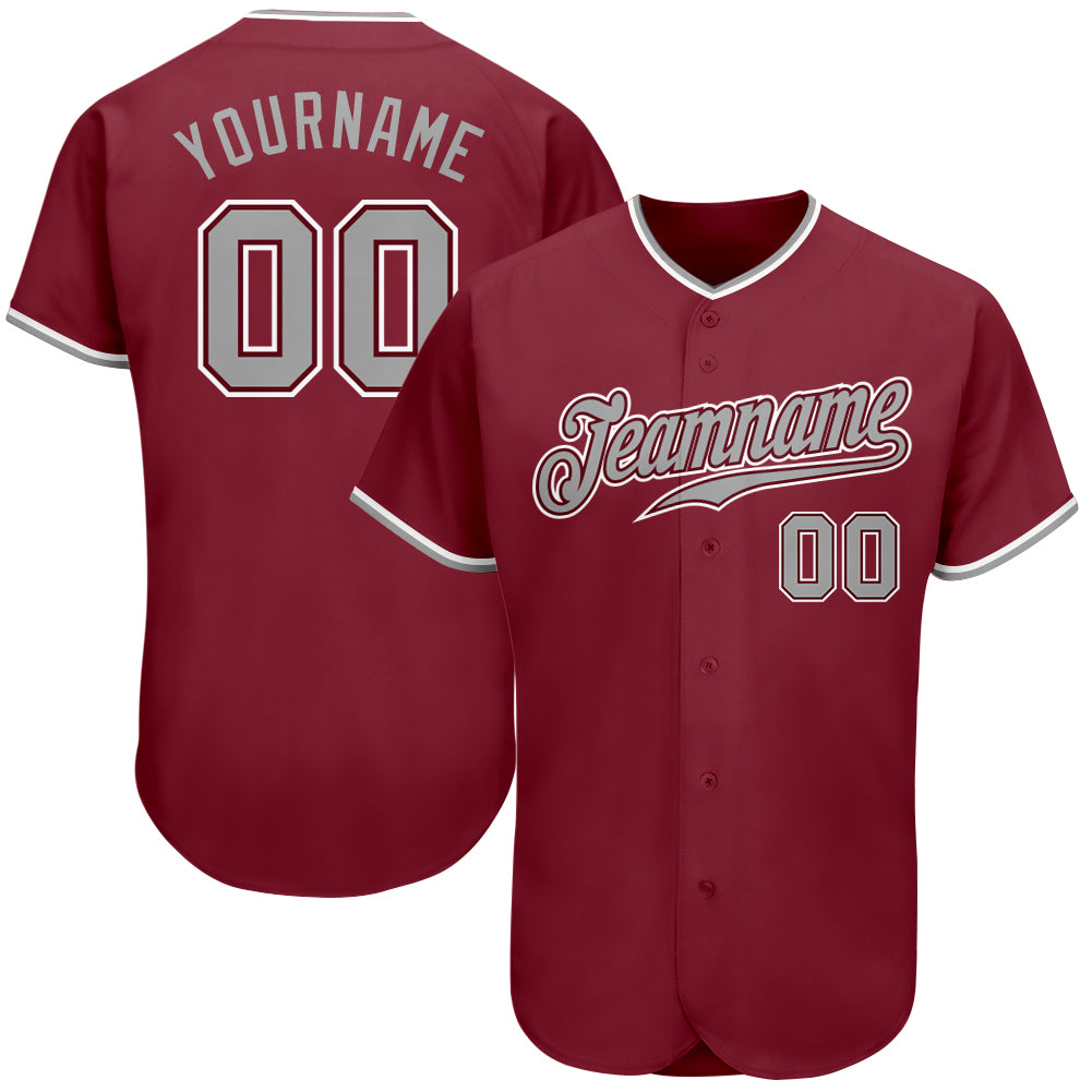 Personalized Baseball Jersey in Crimson Gray-White Color for Men and Women Personalized Crimson Gray-White Baseball Jersey