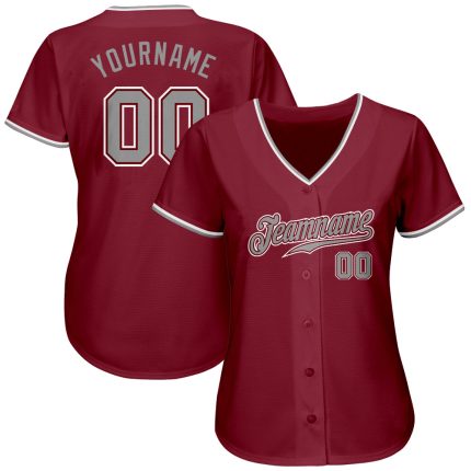 Personalized Baseball Jersey in Crimson Gray-White Color for Men and Women Personalized Crimson Gray-White Baseball Jersey