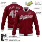 Personalized Varsity Letterman Jacket - Crimson Gray-White Full-Snap Bomber Personalized Crimson Gray-White Bomber Full-Snap