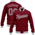 Personalized Varsity Letterman Jacket - Crimson Gray-White Full-Snap Bomber Personalized Crimson Gray-White Bomber Full-Snap