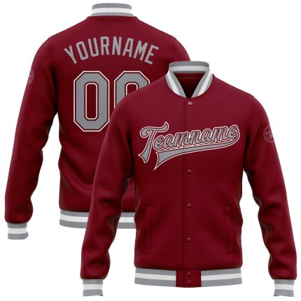 Personalized Varsity Letterman Jacket - Crimson Gray-White Full-Snap Bomber Personalized Crimson Gray-White Bomber Full-Snap