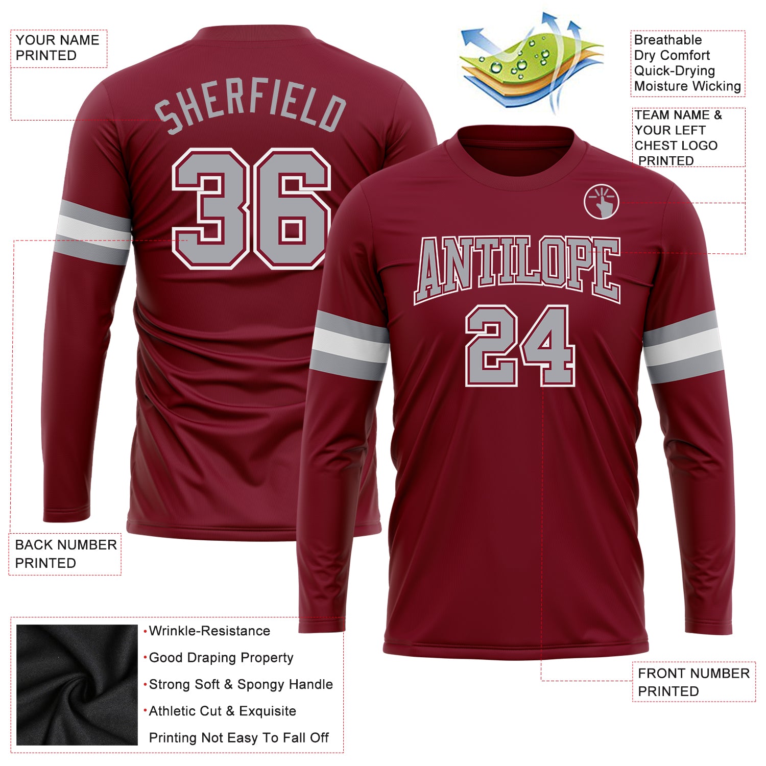 Personalized Long Sleeve Performance T-Shirt in Crimson Gray-White Color Personalized Crimson Gray-White Long Sleeve Performance - Image 3