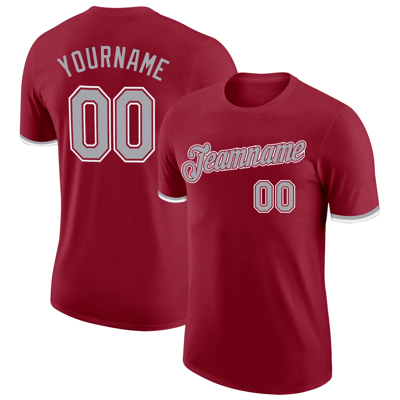 Custom Team Name and Number Performance T-Shirt in Crimson Gray-White - Personalized Apparel Personalized Crimson Gray-White