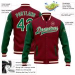 Personalized Two Tone Bomber Jacket in Crimson Kelly Green Cream - Full-Snap Varsity Letterman Style Personalized Crimson