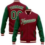Custom Team Name Number Jacket Crimson Kelly Green Cream Bomber Full-Snap Varsity Letterman Two Tone Personalized Crimson