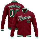 Custom Crimson Green-White Bomber Varsity Jacket with Personalized Name and Number - Full-Snap Letterman Style Personalized