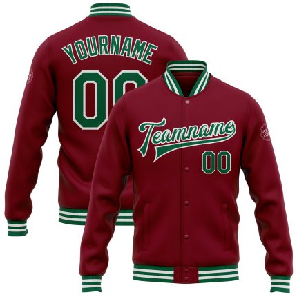 Custom Crimson Green-White Bomber Varsity Jacket with Personalized Name and Number - Full-Snap Letterman Style Personalized