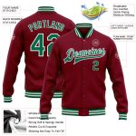 Personalized Crimson Green White Varsity Letterman Bomber Jacket - Full Snap Design Personalized Crimson Kelly Green-White