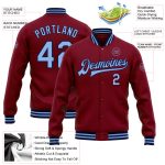 Personalized Bomber Varsity Letterman Jacket in Crimson Light Blue-Navy Full-Snap Personalized Crimson Light Blue-Navy Bomber