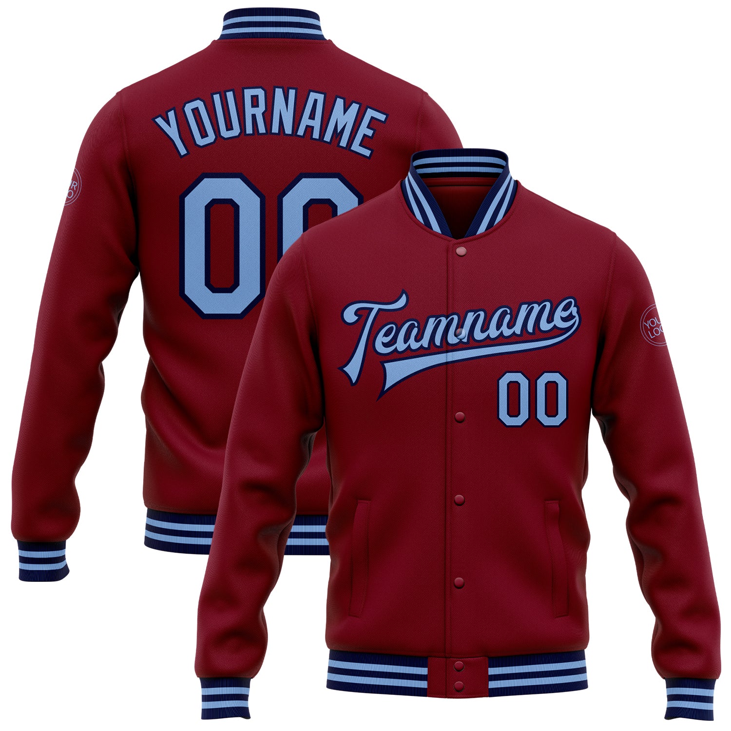 Custom Name and Number Varsity Letterman Jacket - Personalized Crimson Light Blue-Navy Bomber Full-Snap Design Personalized