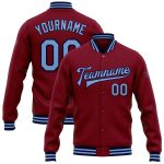 Personalized Bomber Varsity Letterman Jacket in Crimson Light Blue-Navy Full-Snap Personalized Crimson Light Blue-Navy Bomber