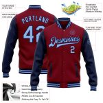 Custom Team Name Number Bomber Jacket Light Blue Navy Two Tone Varsity Full-Snap Personalized Crimson Letterman Style Personalized