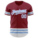 Personalized Baseball Jersey in Crimson Light Blue & White Lines - Custom Sports Apparel Personalized Crimson Light Blue-White