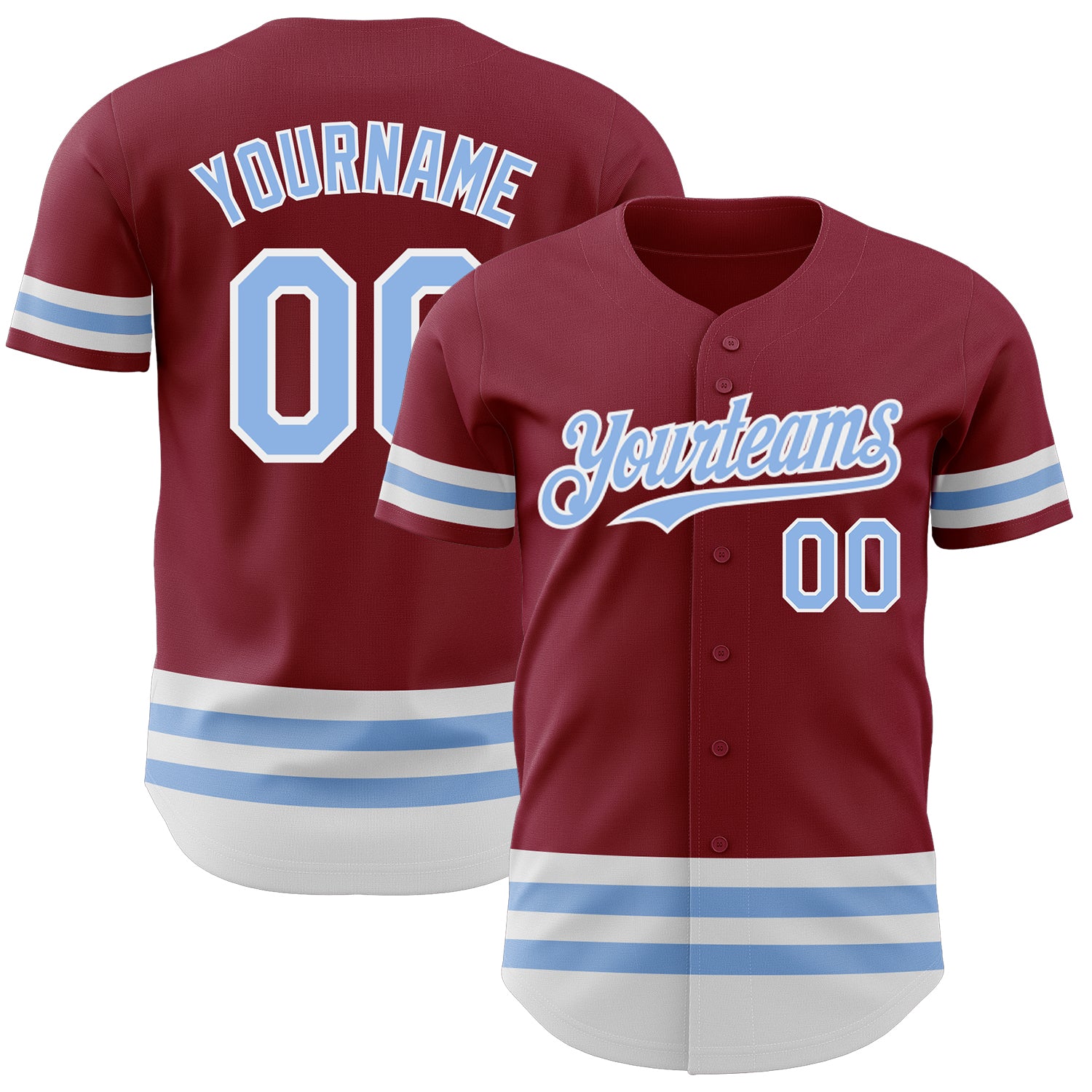 Personalized Baseball Jersey in Crimson Light Blue & White Lines - Custom Sports Apparel Personalized Crimson Light Blue-White
