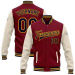 Personalized Two Tone Bomber Jacket Crimson Navy Cream Gold Full-Snap Varsity Letterman Personalized Crimson Navy Cream-Gold