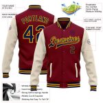 Custom Name Number Two Tone Bomber Varsity Letterman Jacket Crimson Navy Cream Gold Full-Snap Personalized Crimson Navy Cream-Gold